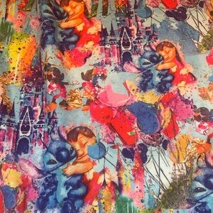 Colorful Cartoon Castle & Characters Print Fabric